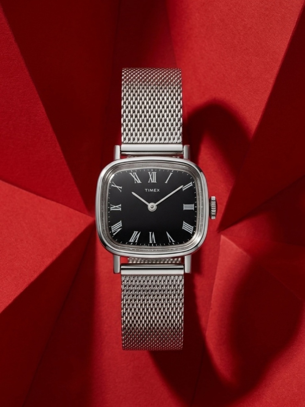Vintage Timex Cushion Case Mechanical Watch Black Roman Dial Mesh Strap